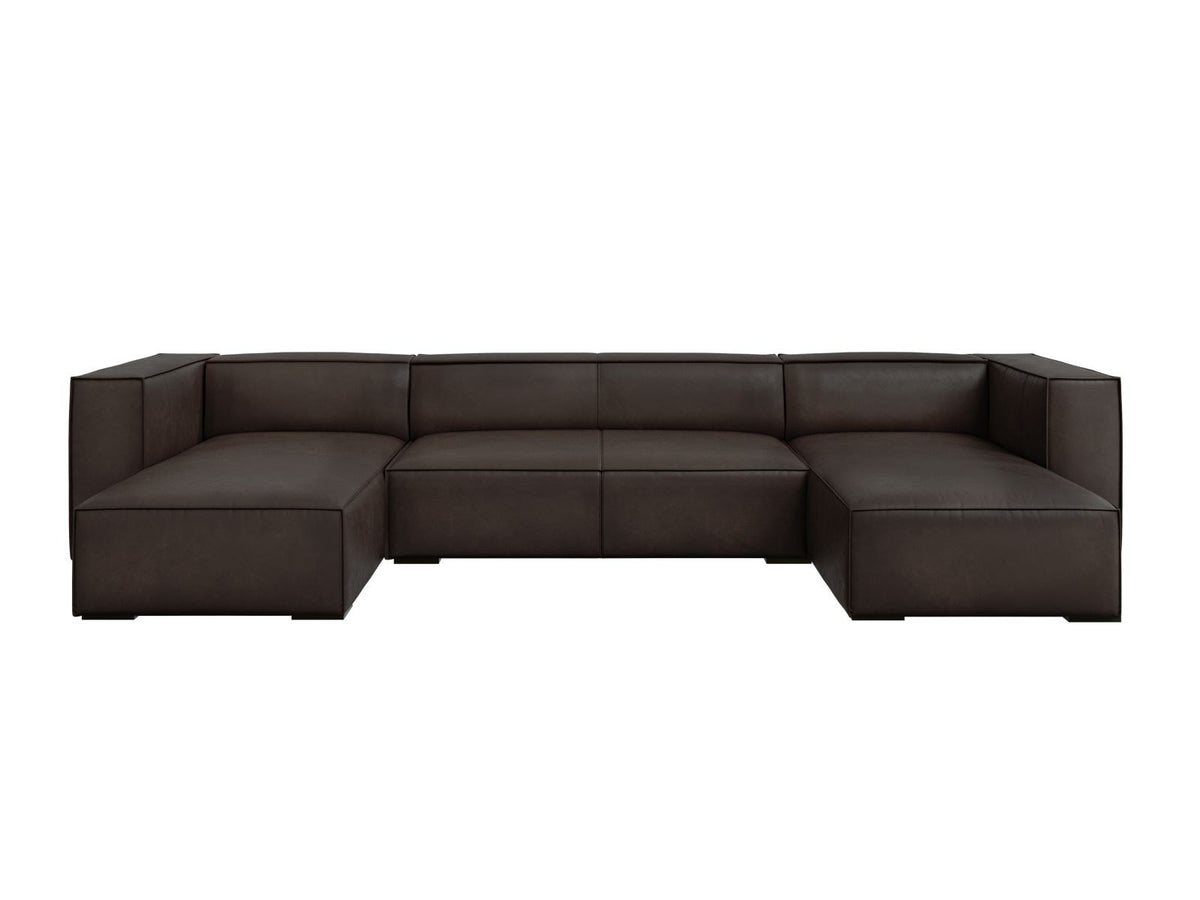 Panorama-Sofa Turin aus Rindsleder in Grau-Braun mit Récamiere, Massivholzrahmen und Beinen aus schwarzem Buchenholz, 375 cm breit.