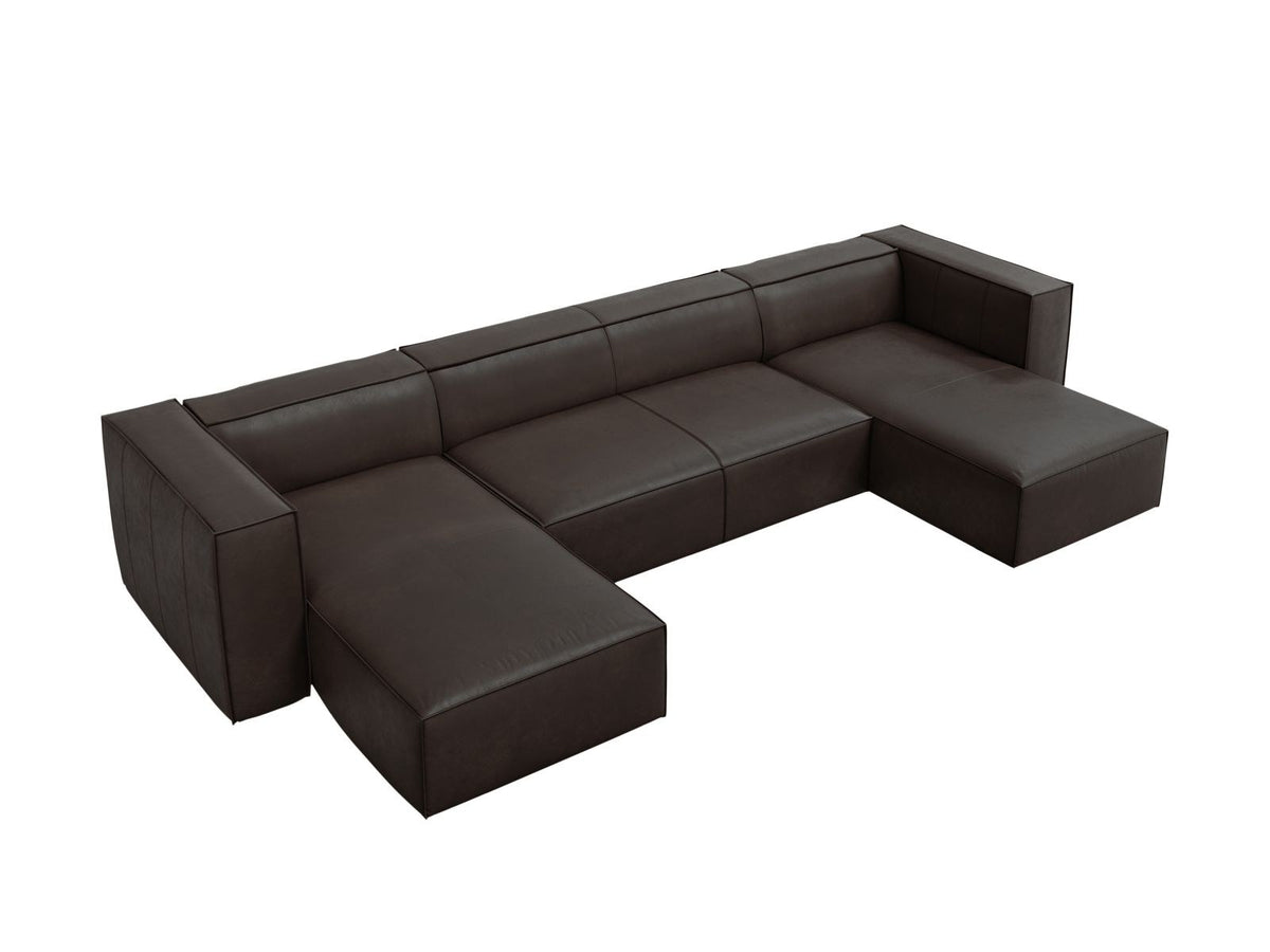 Panorama-Sofa Turin aus Rindsleder in Grau-Braun mit Récamiere, Massivholzrahmen und Beinen aus schwarzem Buchenholz, 375 cm breit.