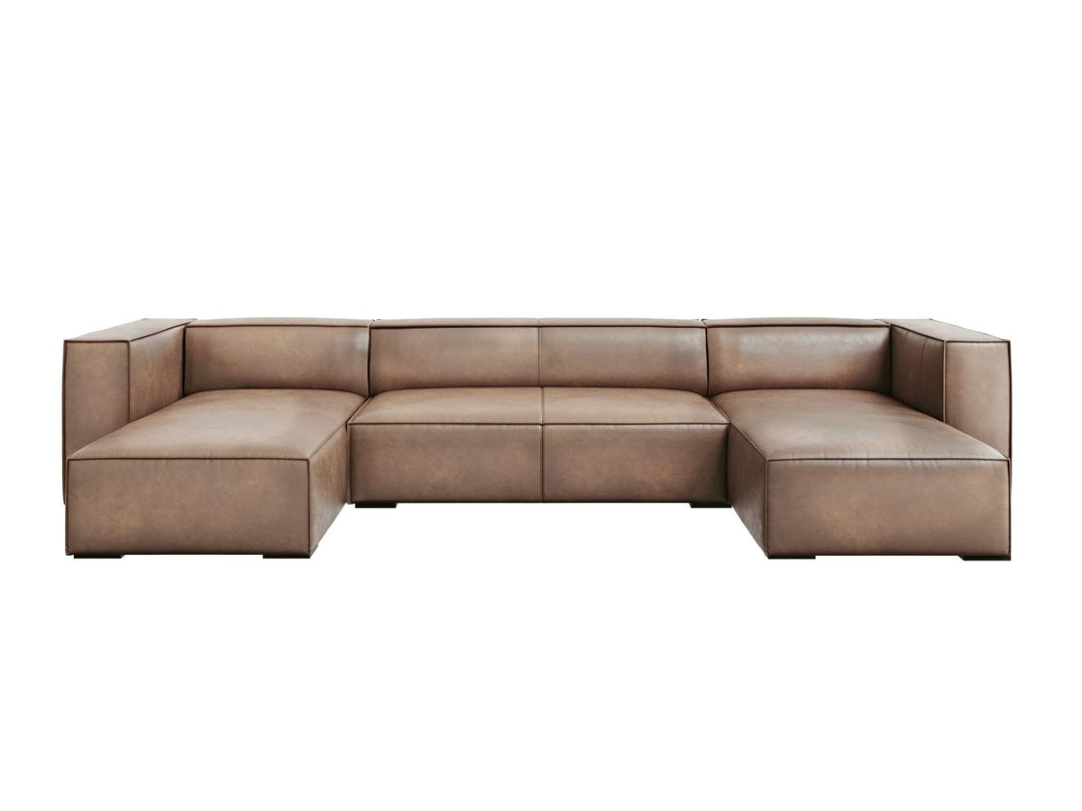 Panorama-Sofa Turin aus Rindsleder in Grau-Braun mit Récamiere, Massivholzrahmen und Beinen aus schwarzem Buchenholz, 375 cm breit.