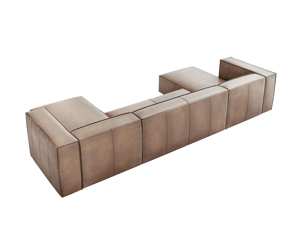 Panorama-Sofa Turin aus Rindsleder in Grau-Braun mit Récamiere, Massivholzrahmen und Beinen aus schwarzem Buchenholz, 375 cm breit.