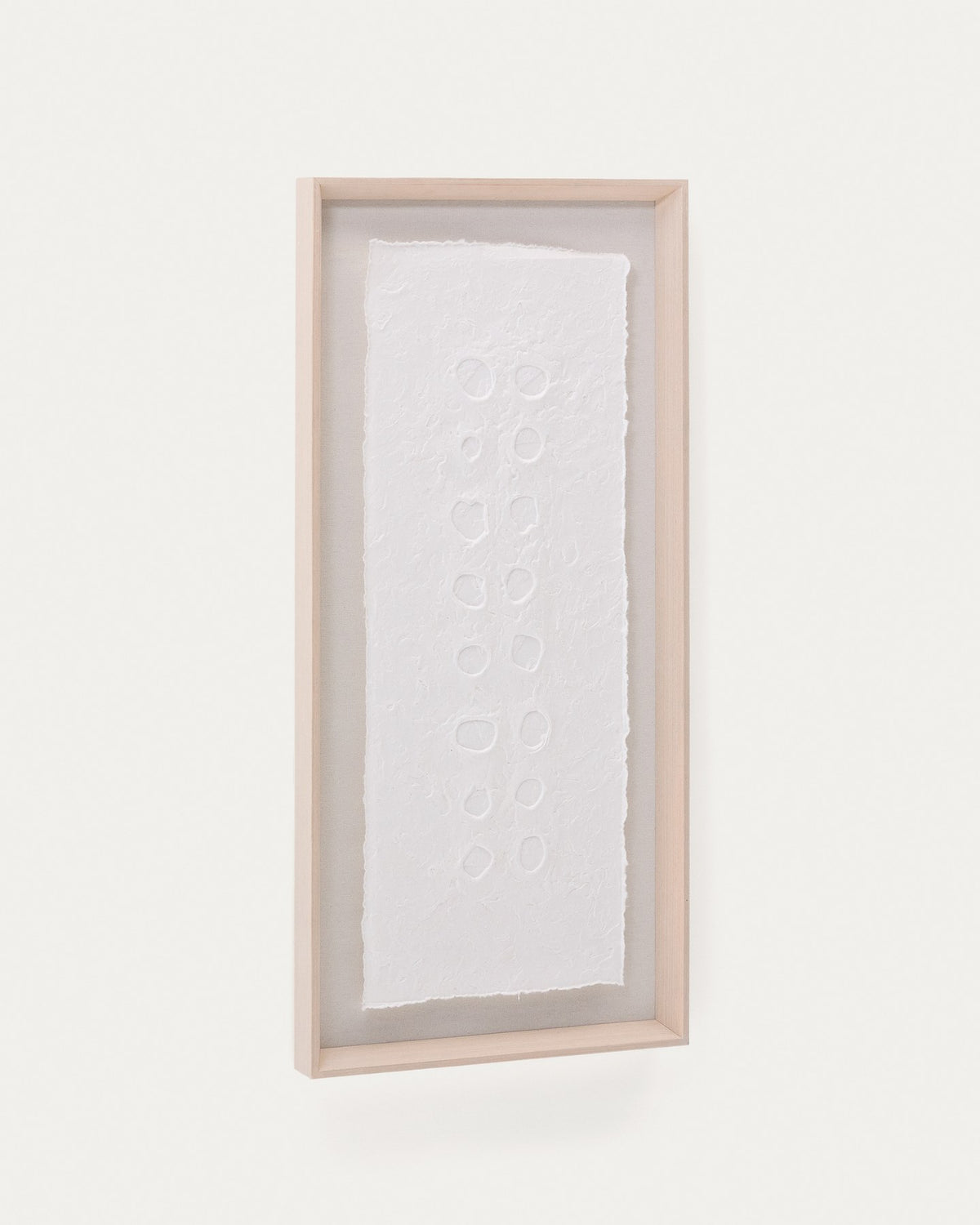 Abstraktes Wandbild Olvin aus weissem Recyclingpapier mit handgefertigten Reliefs, Punkte-Kreise-Muster, Grösse 44 x 94 cm.