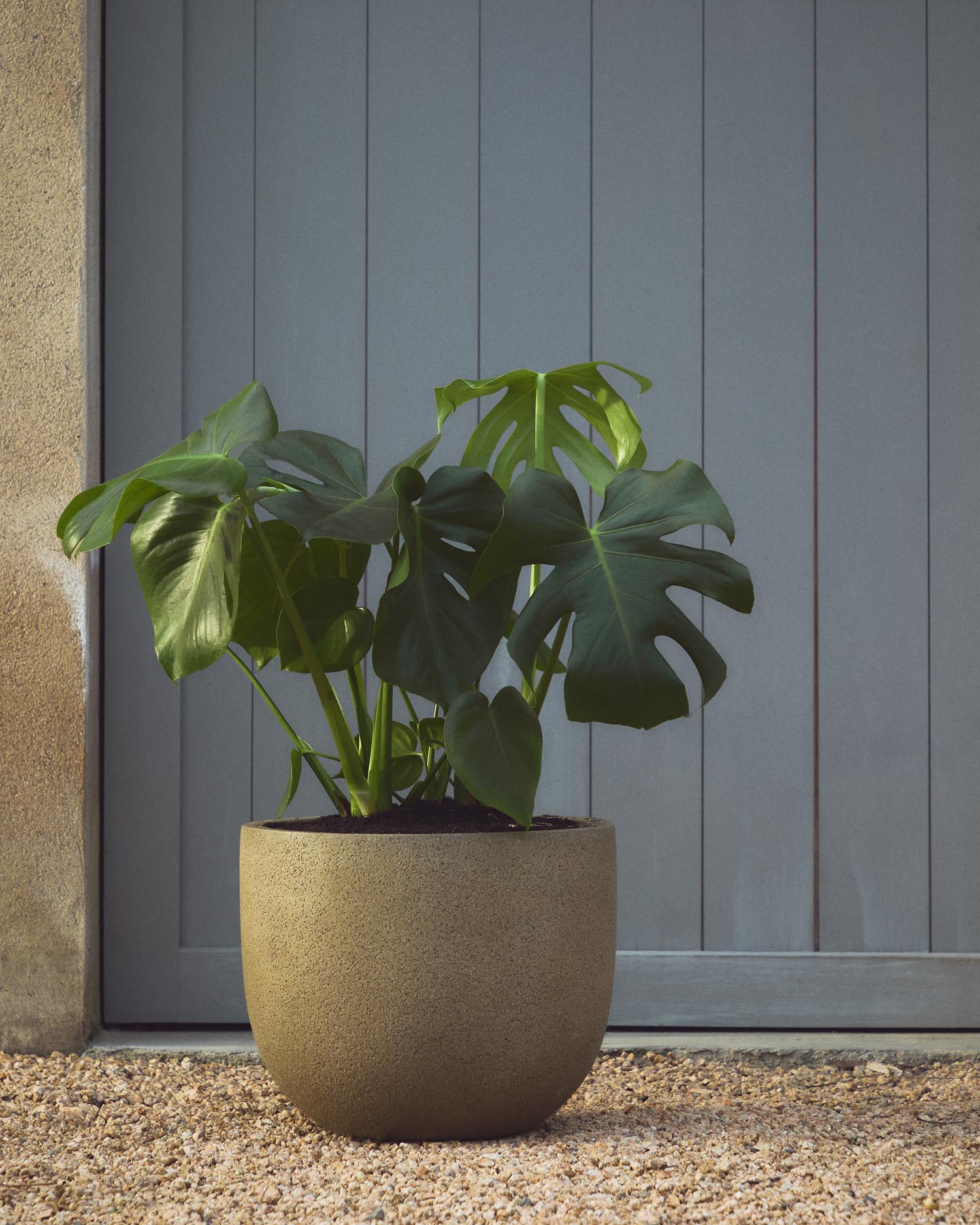 Set aus 2 stilvollen Blumentöpfen Selvi in hellbrauner Steinoptik, Ø 37 cm. Ideal für jeden Raum, langlebig und elegant für Ihre Pflanzen.