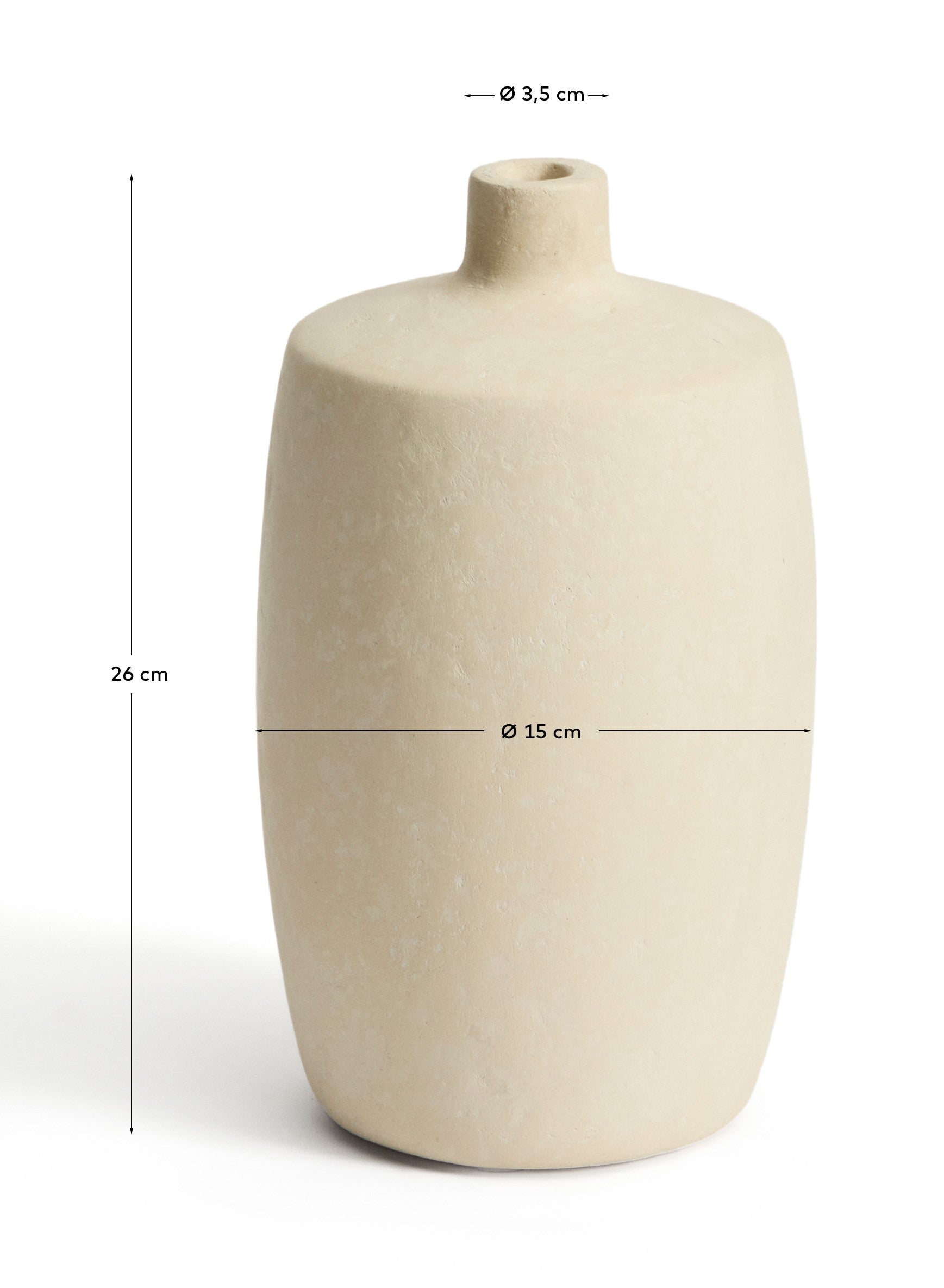 Elegante beige Vase Mireni aus Pappmaché mit 26 cm Durchmesser, ideal für stilvolle Dekoration und individuelle Blumenarrangements.