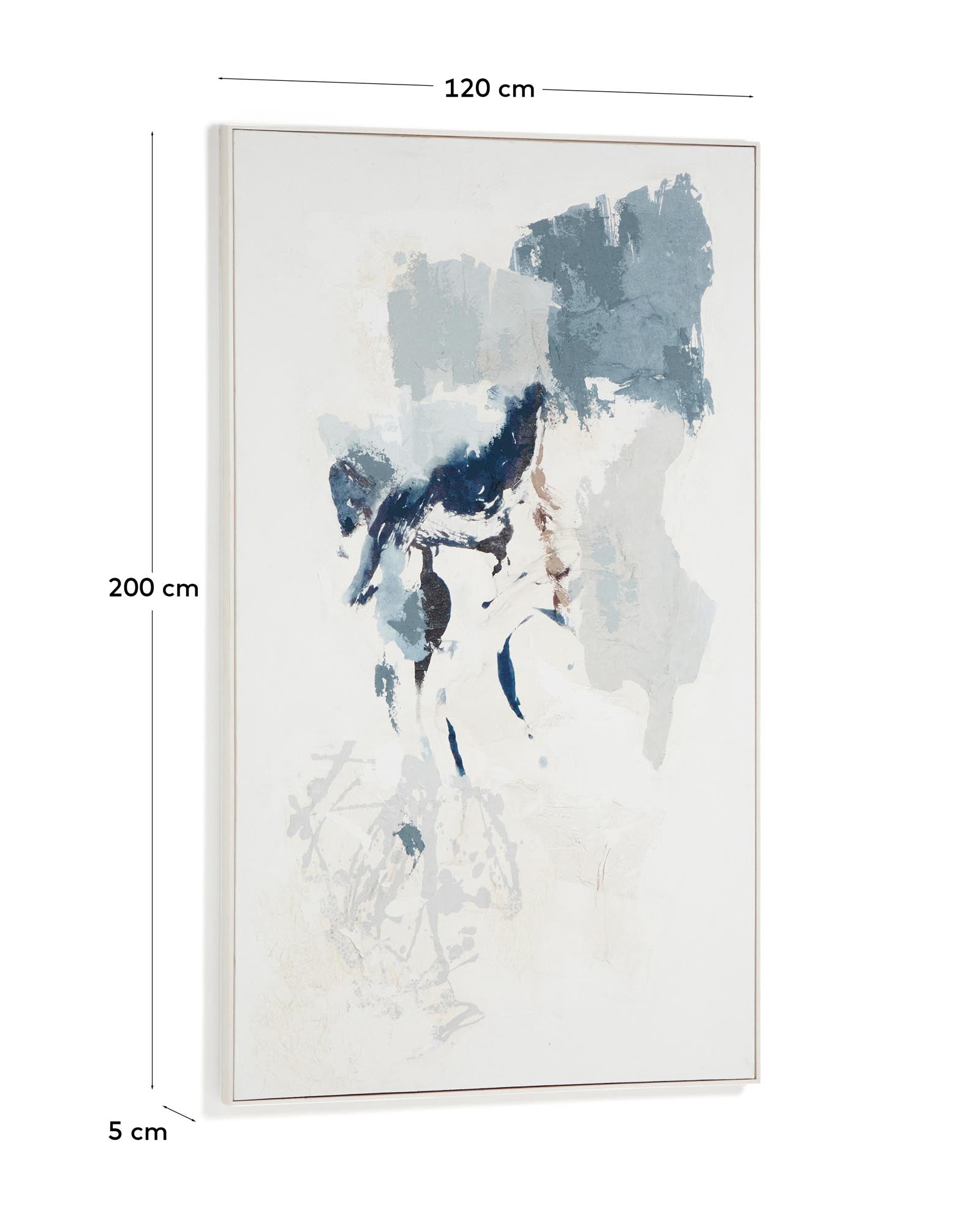 Abstraktes, handgemaltes Kunstwerk Erale in eleganten Grau- und Blautönen, 120 x 200 cm, ideal für moderne Wohnräume.
