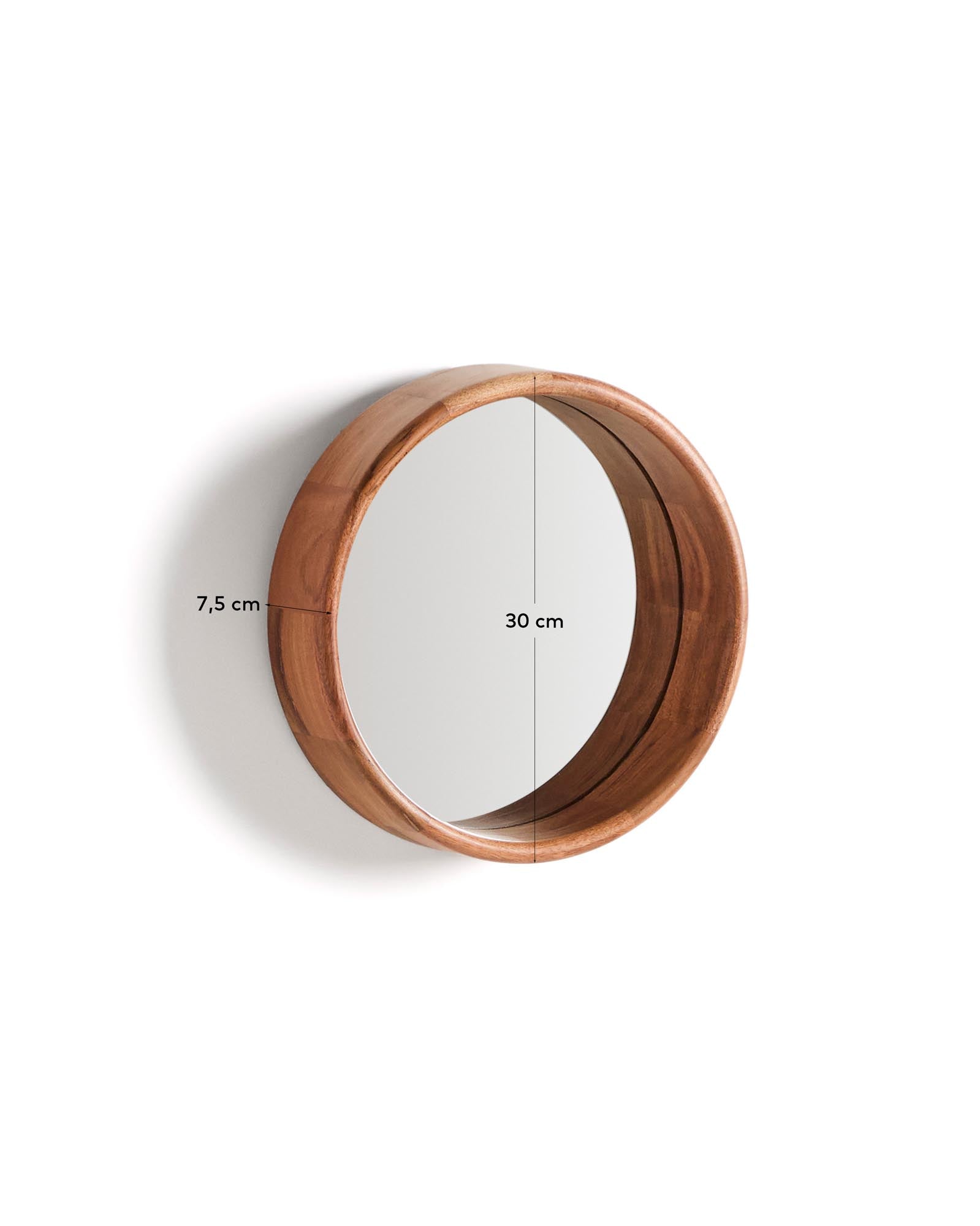 Runder Wandspiegel aus hochwertigem Akazienholz, Ø 30,5 cm, perfekt für moderne und natürliche Wohnräume.