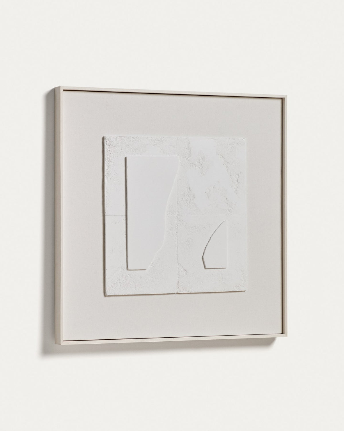 Abstraktes weisses Wandbild Gadir aus Beton, Kiefernholz und Segeltuch, quadratische Form, 80 x 80 cm, Gipsrelief-Struktur.
