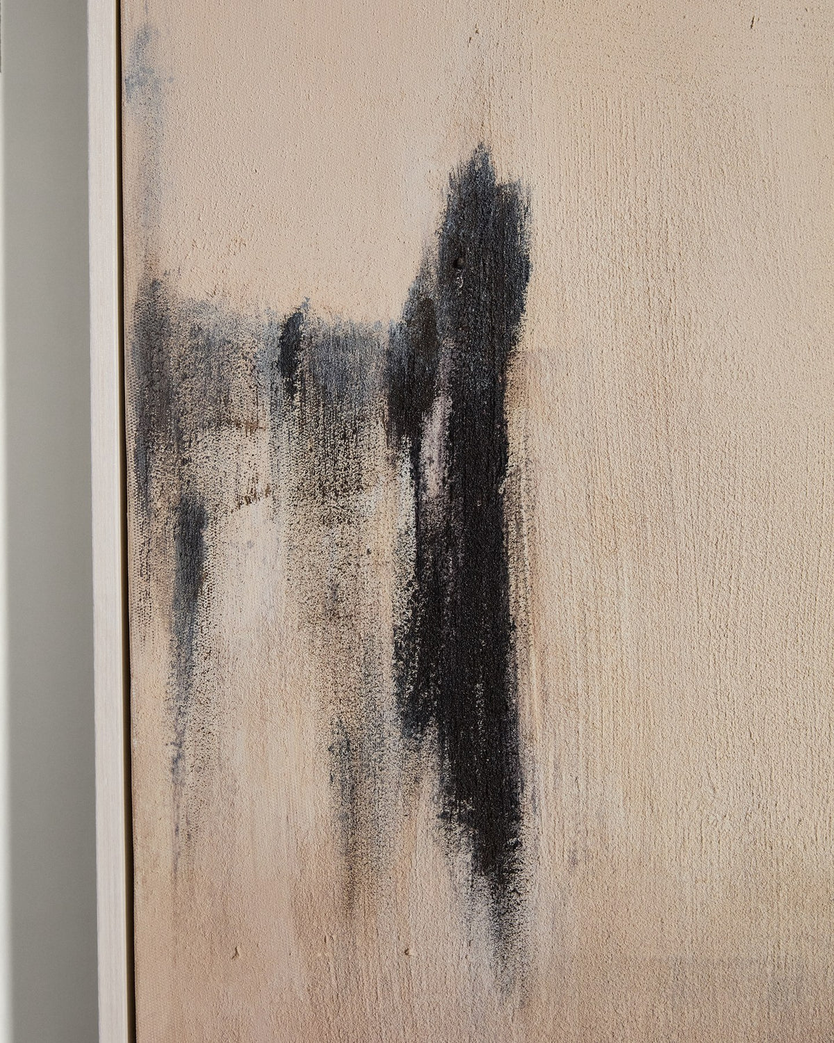 Abstraktes Bild Meril in Beige, Hellbraun und Ecru mit Reliefstruktur, Rahmen aus Kiefernholz und Segeltuch, Grösse 120 x 150 cm.