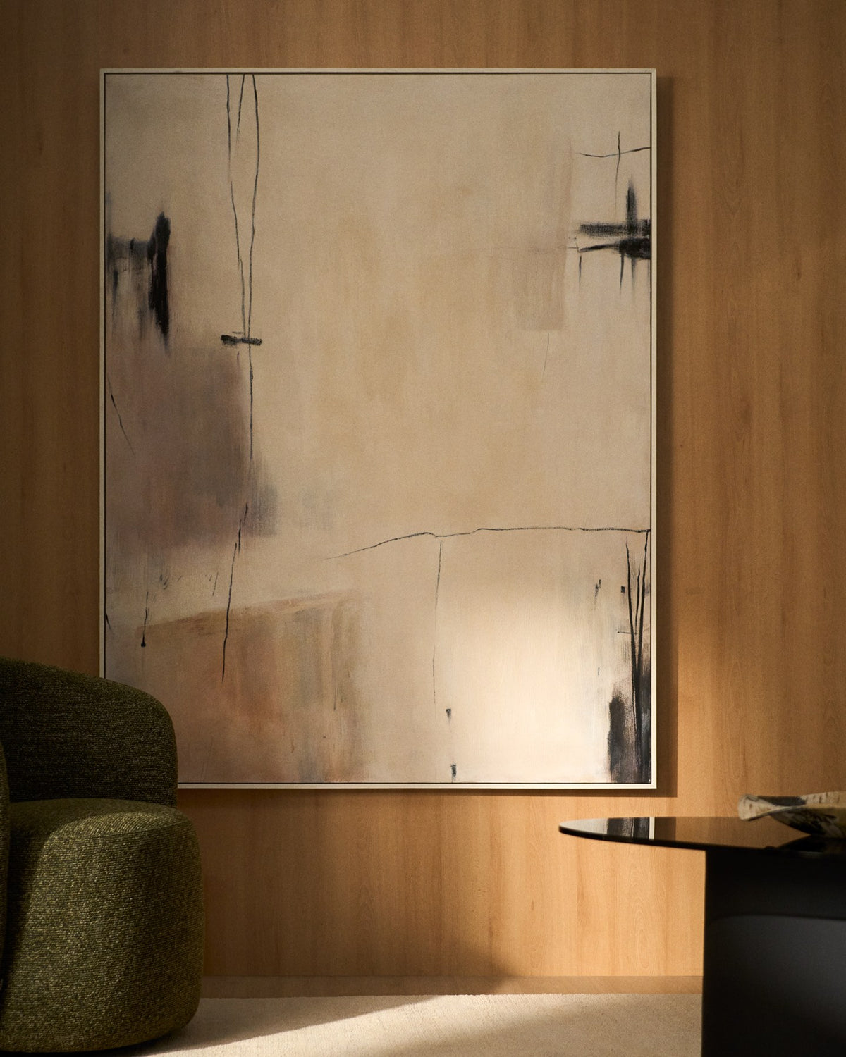 Abstraktes Bild Meril in Beige, Hellbraun und Ecru mit Reliefstruktur, Rahmen aus Kiefernholz und Segeltuch, Grösse 120 x 150 cm.