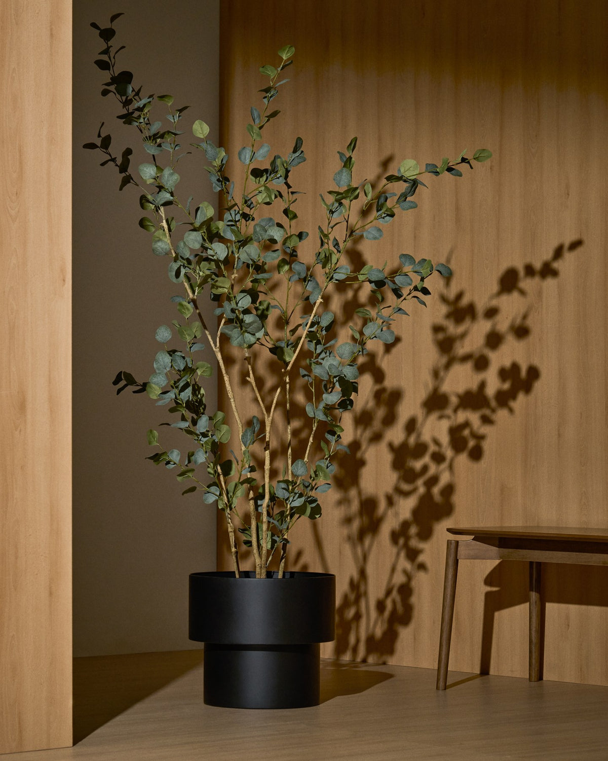 Künstlicher Eucalyptus-Baum mit schwarzem Blumentopf, 210 cm hoch, aus Polyethylen und Polyurethan, mit geschwungenen grünen Blättern.
