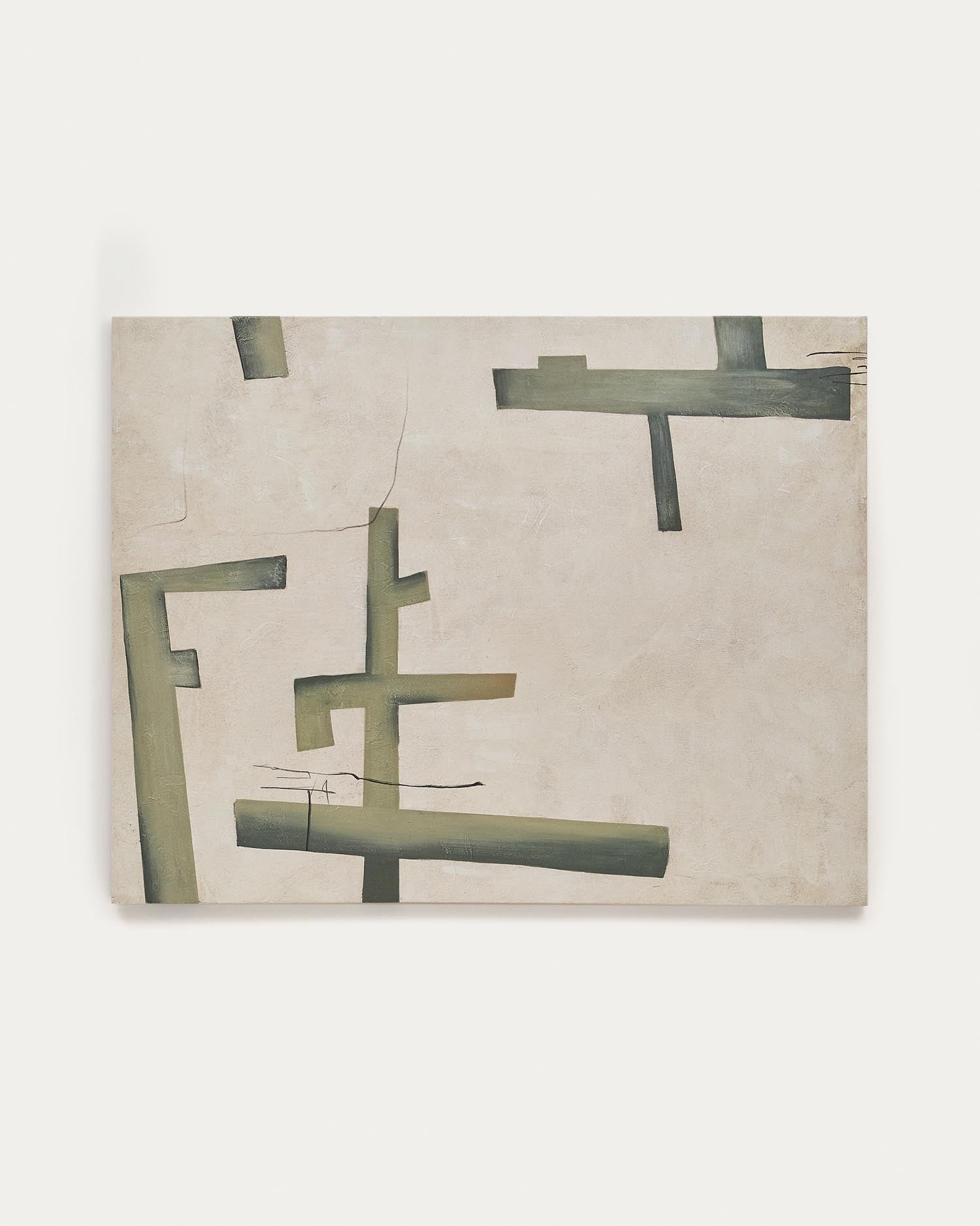 Ein Kunstwerk voller Dynamik: Die "Fida" Leinwand in Grün, 180x140 cm, vereint Geometrie und organische Formen für zeitlose Eleganz.