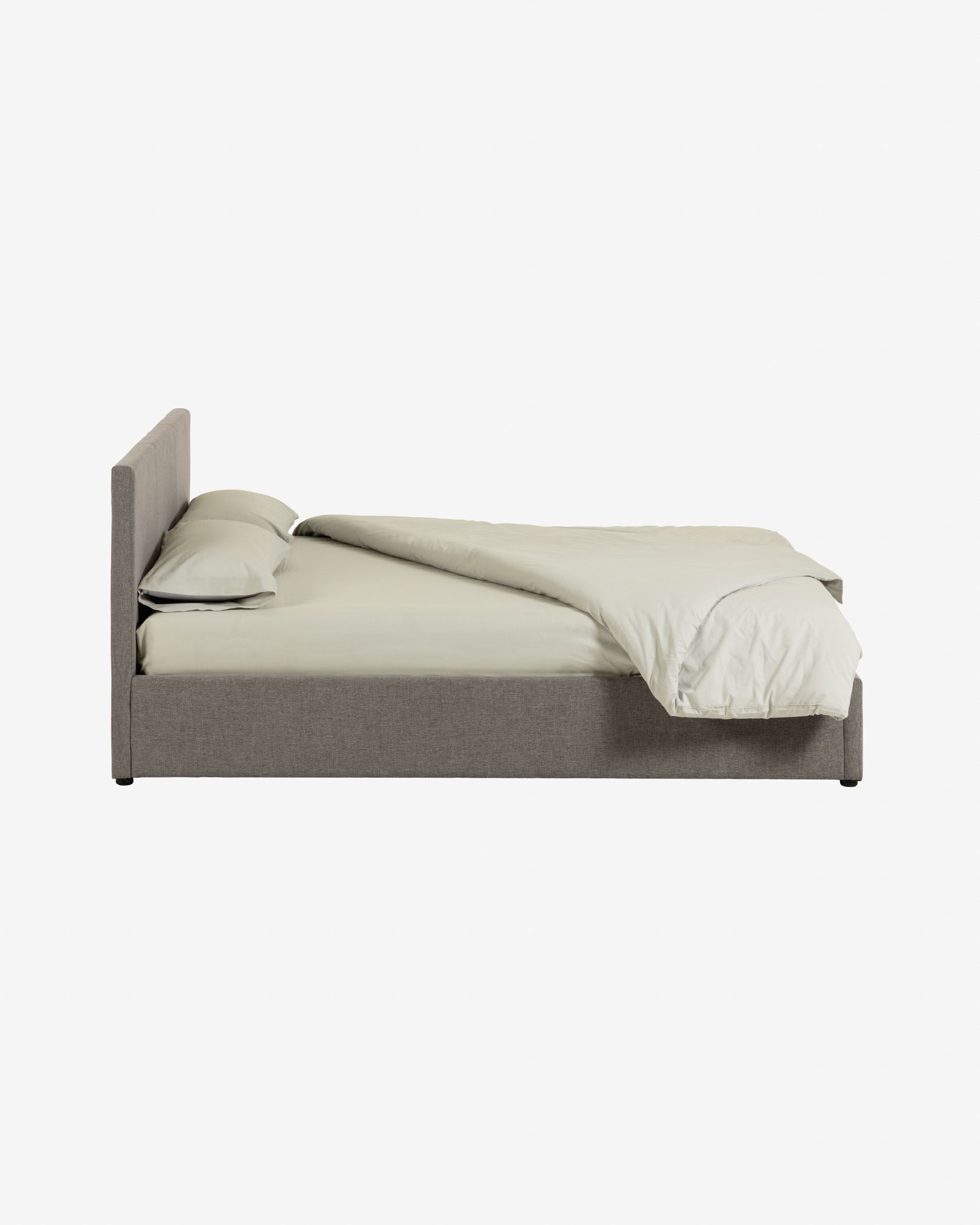 Elegantes Nahiri Bett in Grau mit integriertem Stauraum, geeignet für 160x200 cm Matratzen, perfekt für moderne Schlafzimmer.
