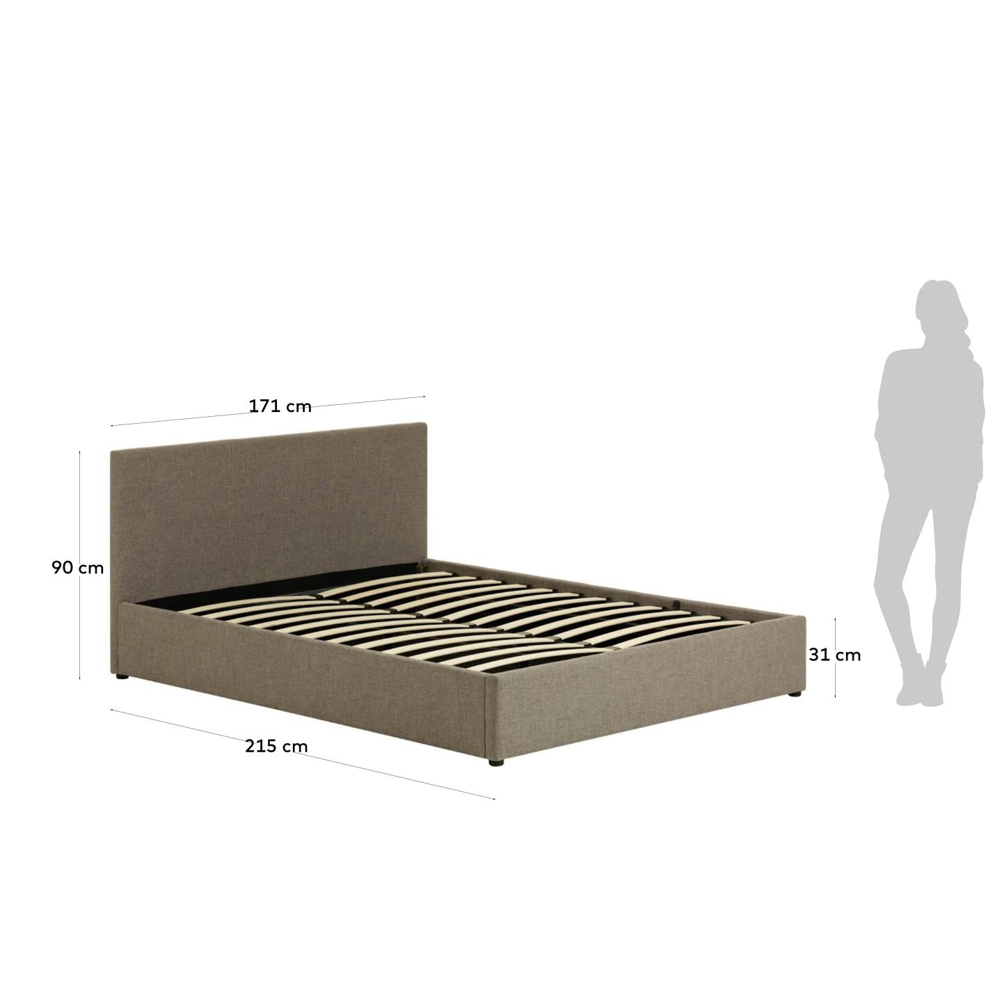 Elegantes Nahiri Bett in Grau mit praktischem Stauraum. Ideal für 160x200 cm Matratzen, verbindet stilvolles Design mit cleverer Funktionalität.