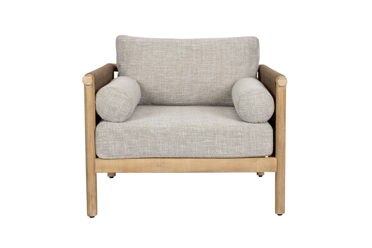 Beiger Outdoor-Sessel Oasis mit Armlehnen, Akazienholzrahmen, Kissen und gespanntem Seil
