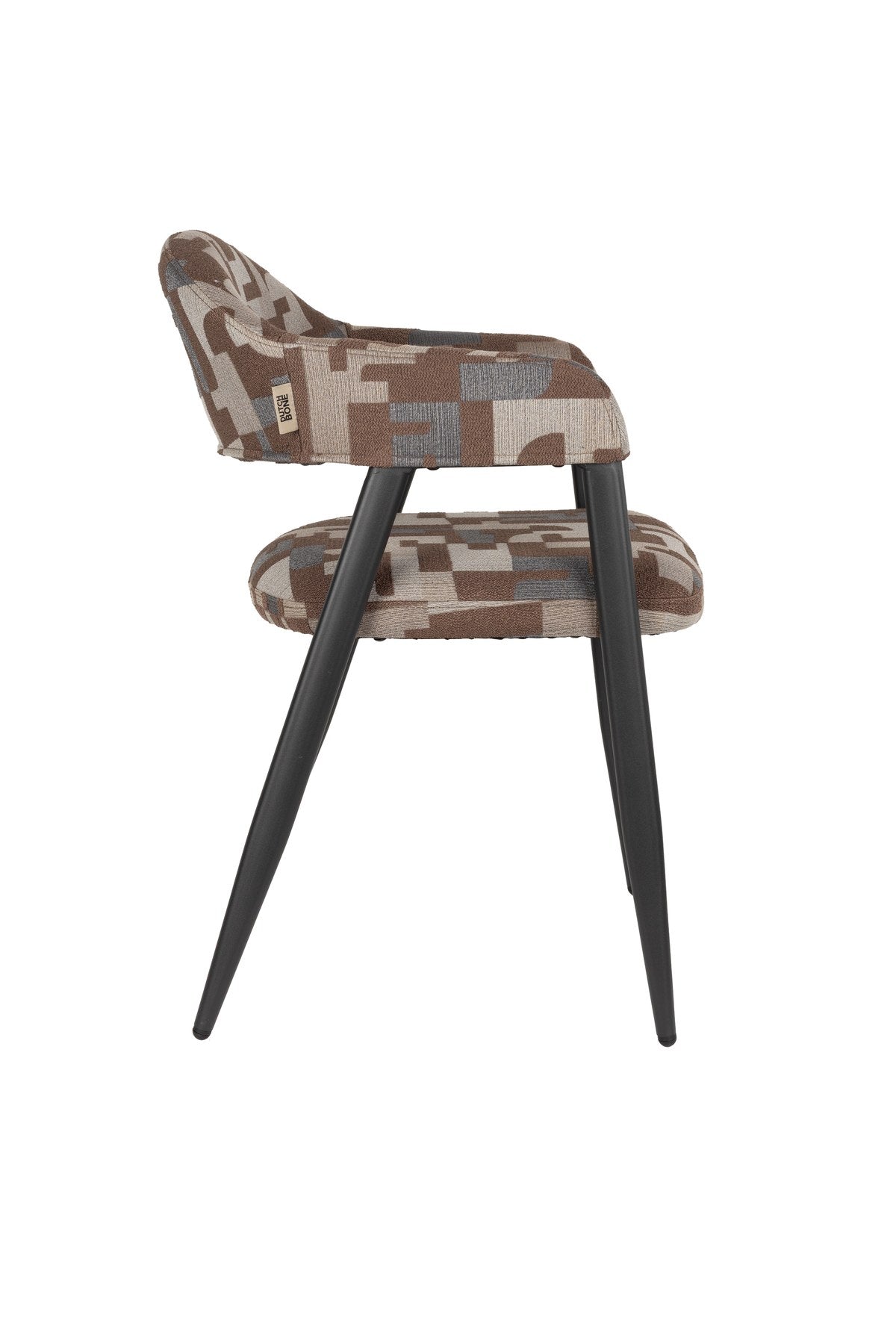 Esszimmerstuhl Chair Miyo Light Brown von Dutchbone mit hellbraunem gewebtem Bezug, grafischem Muster und schwarzem Metallgestell auf hellem Hintergrund