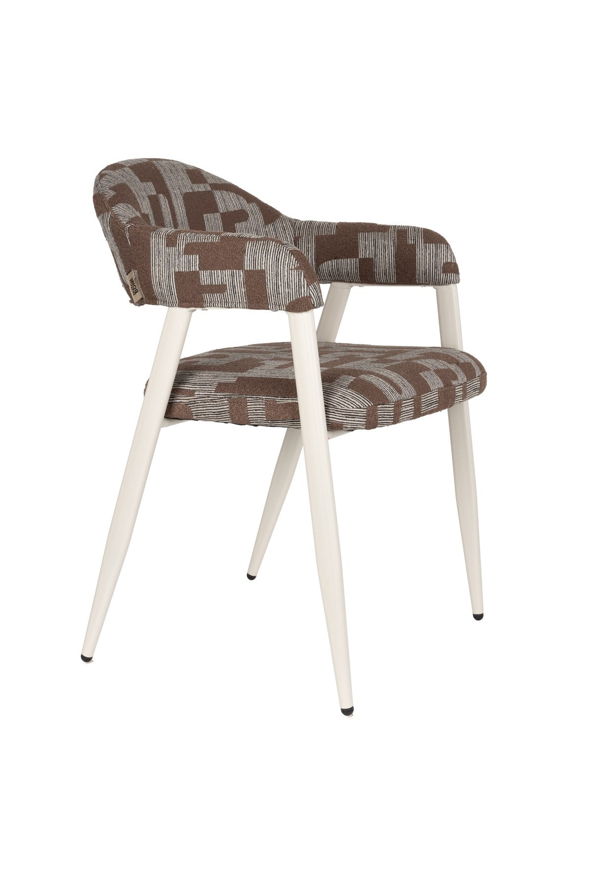 Beige Esszimmerstuhl Chair Miyo von Dutchbone mit gewebtem Bezug, gepolsterter Sitzfläche und schwarzem Metallgestell aus Sperrholz und Stahl.
