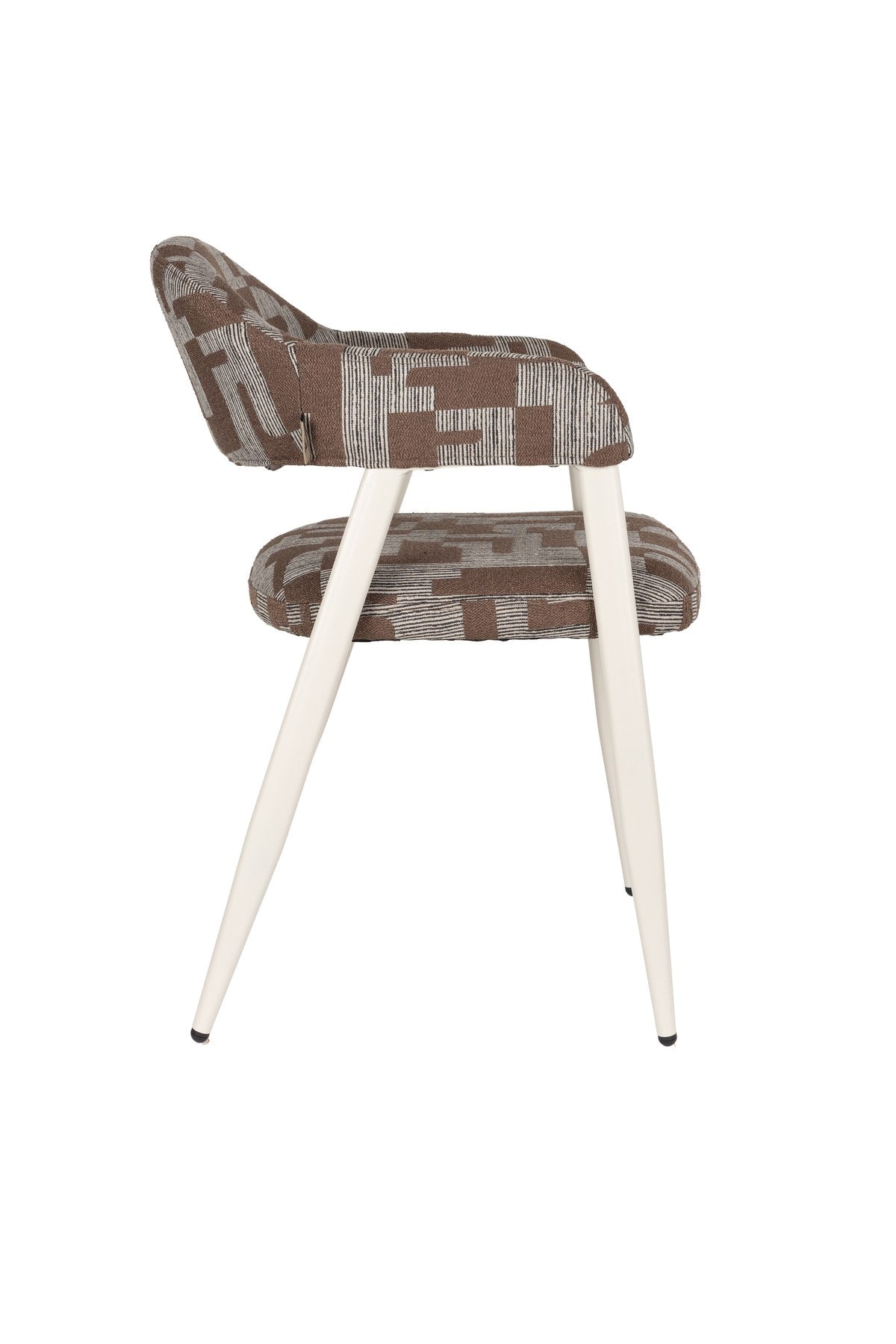 Beige Esszimmerstuhl Chair Miyo von Dutchbone mit gewebtem Bezug, gepolsterter Sitzfläche und schwarzem Metallgestell aus Sperrholz und Stahl.