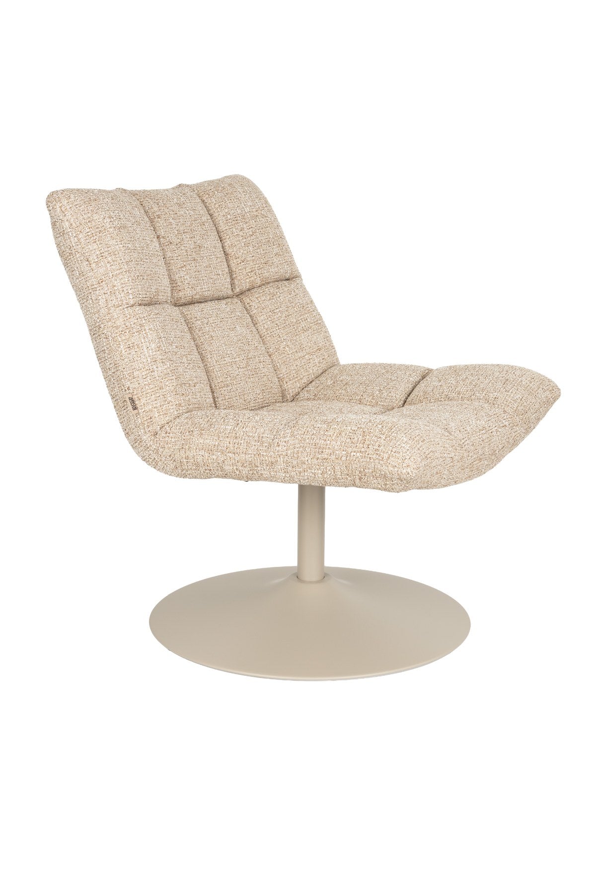 Beige gepolsterter Barstuhl mit Armlehne von Dutchbone, runde Form, Polyester-Sitzfläche und drehbares Stahlgestell im Bar-Design.