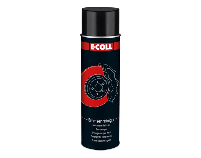 Schwarze Spraydose E-COLL Bremsenreiniger 500 ml, zylindrische Form mit Sprühkopf, Kunststoff-Aerosolbehälter für Fahrzeugteile.