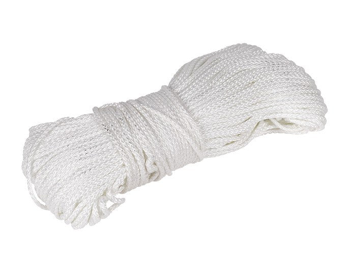 Weisses STEWI Wäschseil für First Lady Wäscheständer, aufgerollt dargestellt, Länge 6300 cm, dünnes Kunststoffseil in schlichtem Design.