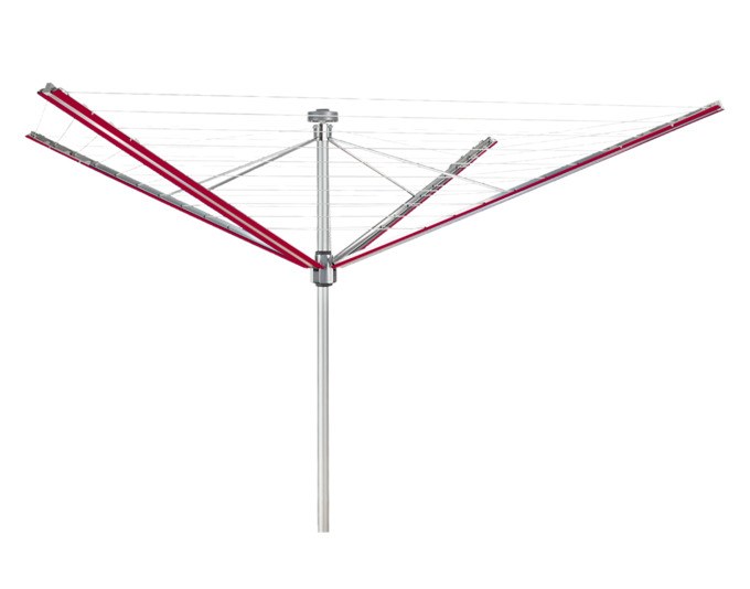 Roter Wäscheschirm STEWI Lady Plus aus Aluminium mit ausgeklappten Leinen, rundem Aufbau und zentralem Aufzugsmechanismus im Garten.