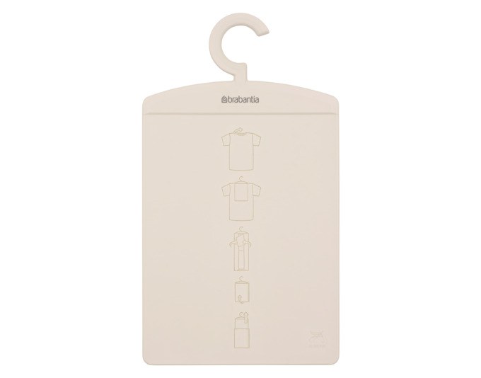 Flaches Faltbrett aus Kunststoff in Soft Beige und Weiss mit aufgedruckter Schritt-für-Schritt-Anleitung und grossem Aufhängehaken