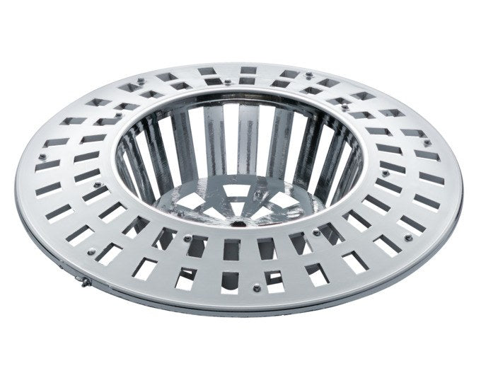 Verchromtes DIAQUA Abflusssieb mit rundem Design, Durchmesser 60 mm, eingesetzt in einem Ablauf zum Schutz vor Verschmutzungen.