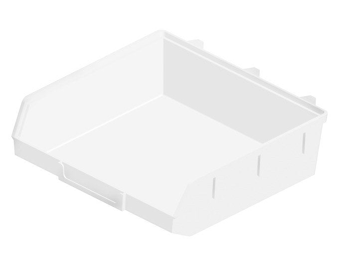 Weisse Lagersichtbox aus Kunststoff von ELEMENT SYSTEM, quadratische Minibox mit Grösse 9x9x4 cm zur Aufbewahrung von Kleinteilen.