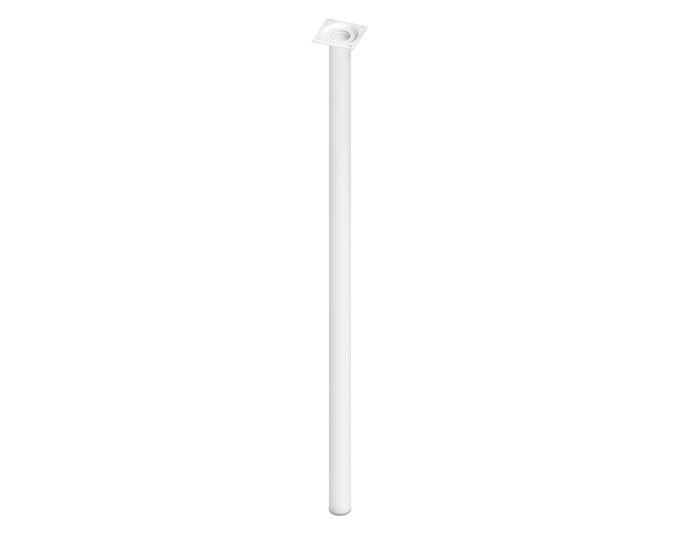 Weisser runder Möbelfuss aus Stahlrohr, ø 30 mm, Höhe 15 cm, mit quadratischer Befestigungsplatte und vier Bohrlöchern, pulverbeschichtete Oberfläche.