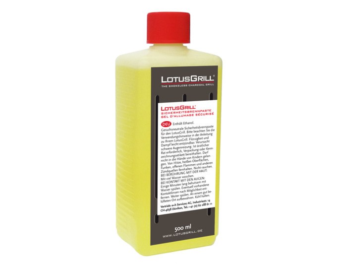Gelbe Flasche LOTUSGRILL Brennpaste 500 ml mit Sicherheitsverschluss, Ethanol-basierte Brennpaste für den LotusGrill Holzkohlegrill.