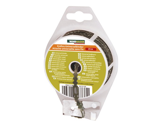 Schwarzer endloser Universalbinder von WINDHAGER, aufgerollt, 25 Meter lang, 0.6 cm breit, mit Abschneidevorrichtung.