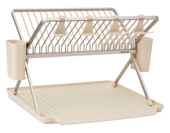 Faltbarer Abtropfständer BRABANTIA SinkSide in Soft Beige aus Aluminium mit Abtropfschale, Besteckkörben und Silikonkappen, Masse 42x51x33 cm.
