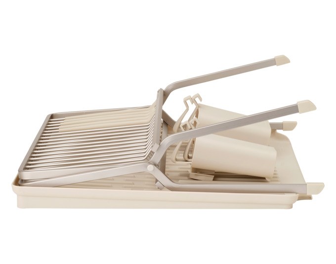 Faltbarer Abtropfständer BRABANTIA SinkSide in Soft Beige aus Aluminium mit Abtropfschale, Besteckkörben und Silikonkappen, Masse 42x51x33 cm.