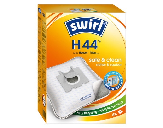 Weisser SWIRL Staubbeutel H44 aus Vliesmaterial mit Halteplatte, EcoPor Filter und Dirtlock Verschluss, liegend fotografiert.