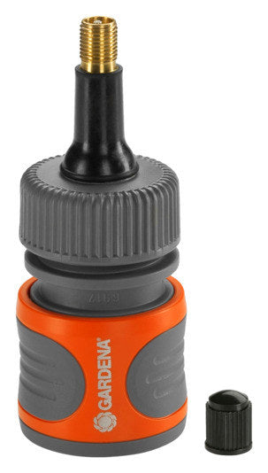 Vierteiliges Set in Anthrazit, Grau und Orange: Auto-Luftventil mit drei unterschiedlichen Aufsätzen für Schlauchverbinder und Nippel-Systeme.