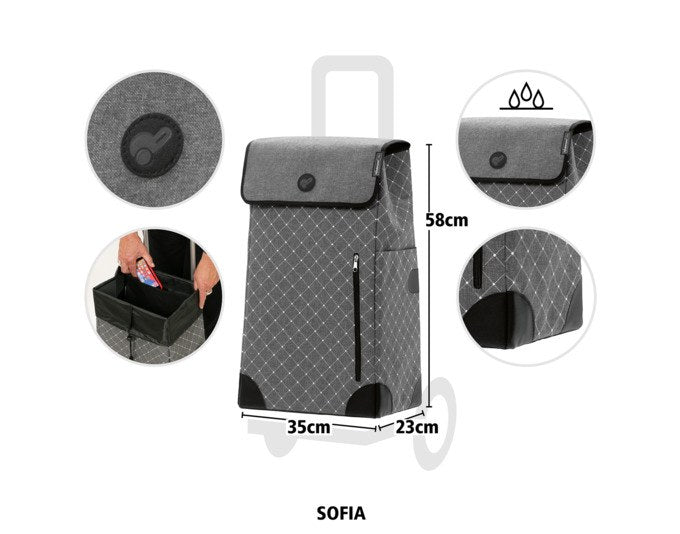 Schwarzer Einkaufstrolley ANDERSEN Scala Sofia mit textiler Tasche, Aussentasche, Überschlag und zwei Rädern auf klappbarem Metallgestell.