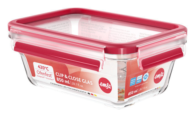 EMSA Dose Glas Clip&Close rechteckig 0.8l in Transparent, Rot präsentiert im Onlineshop von KAQTU Design AG. Frischhaltedose ist von EMSA