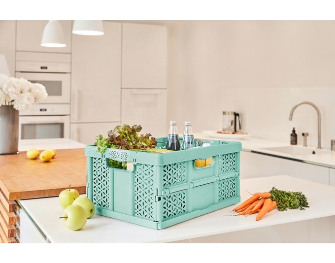 Türkis-blaue Klappbox von KEEEPER mit Softgriffen und Stahlstiften, faltbar, rechteckige Form, 32 Liter Fassungsvermögen, aus Kunststoff gefertigt