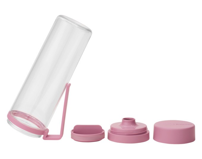 Transparente Kunststoff-Trinkflasche BRABANTIA Make & Take in Lilac Pink, 0.5 Liter, mit Fruchtsieb, Schraubkappe und Gürtelclip.
