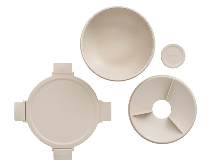 Runde BRABANTIA Lunchschüssel Make & Take in Soft Beige aus Kunststoff mit flachem Deckel und Klickverschluss, Fassungsvermögen 1.3 Liter.