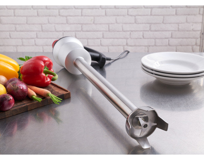 Stabmixer von KISAG in Schwarz und Silber, komplett aus Edelstahl, mit gummiertem Griff und 50 cm langem Mixstab für die Gastronomie.
