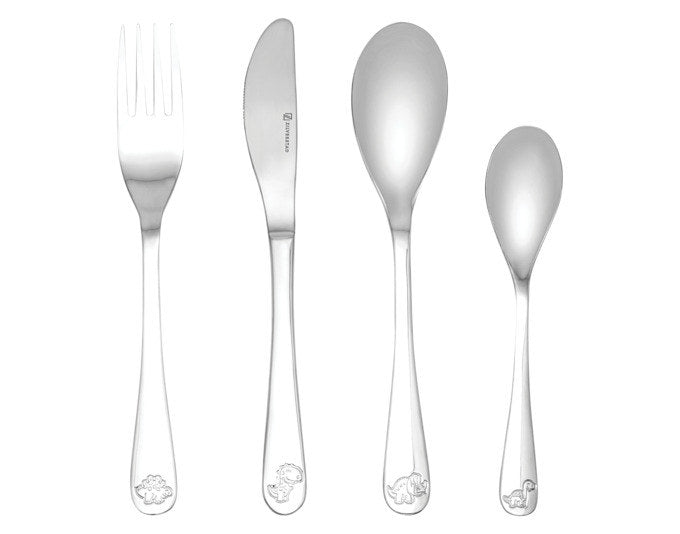 ZILVERSTAD Kinderbesteck Dinosaurier 4-teilig in Silber präsentiert im Onlineshop von KAQTU Design AG. Kinderbesteck ist von ZILVERSTAD