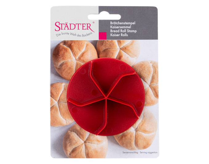 Roter Brötchenstempel von STÄDTER für perfekte Kaisersemmeln, Ø 7,5 cm, 2 cm hoch. Ideal für Backliebhaber und kreative Küchenhelfer.