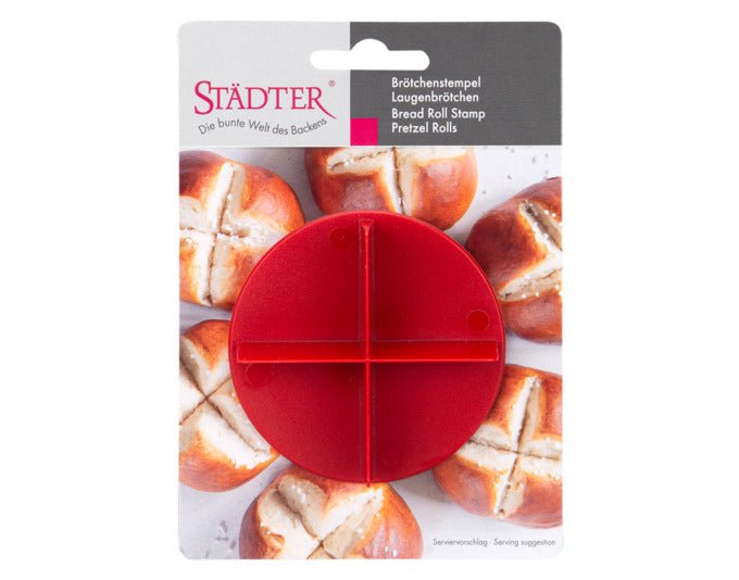 Roter Brötchenstempel von STÄDTER für Laugenbrötchen, Durchmesser 7,5 cm, ideal für perfekte Backergebnisse in der heimischen Küche.