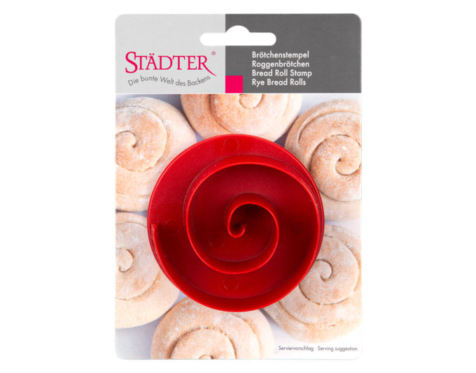 Roter Brötchenstempel von STÄDTER für Roggenbrötchen, Durchmesser 7,5 cm, Höhe 2 cm. Ideal für die kreative Brotbackkunst in der heimischen Küche.