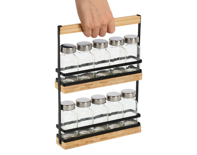 Eleganter 11-teilig Gewürzständer aus Glas, Metall und Bambus, ideal für die Wandmontage, Maße: 22.7x4.7x30.5 cm, stilvolle Aufbewahrung für Gewürze.