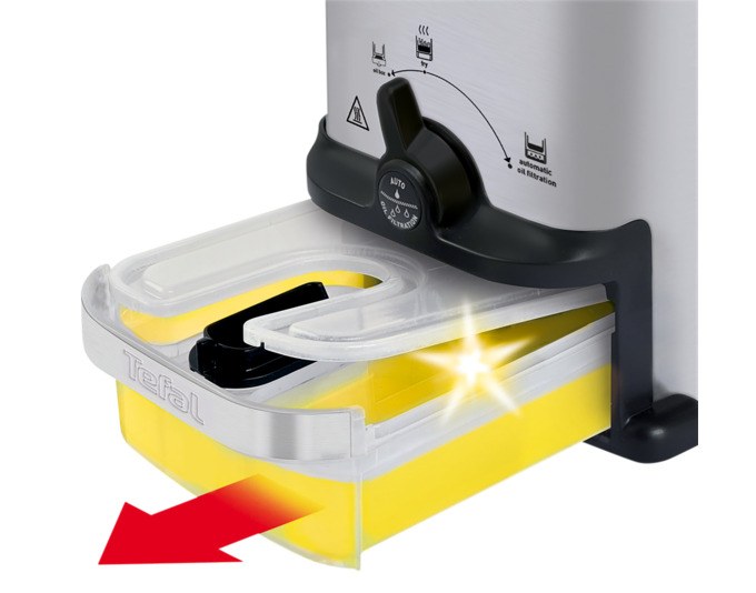 Produktfoto der TEFAL Fritteuse Oleoclean Compact in Edelstahl/Silber mit geschlossenem Deckel, Sichtfenster und abnehmbarem Frittierbehälter.