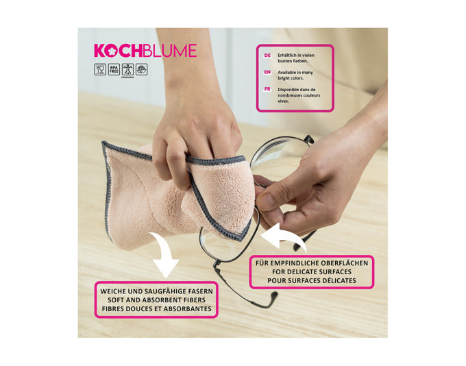 Hochwertiges KOCHBLUME Microfasertuch in türkis-pink, ideal für die Reinigung. Kompakt und effektiv, perfekt für den täglichen Einsatz.