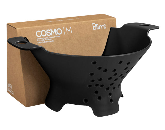 Schwarzes Abtropfsieb Cosmo von BLIM PLUS, Größe M mit einem Durchmesser von 30 cm, ideal für die Zubereitung von Salaten und anderen Lebensmitteln.