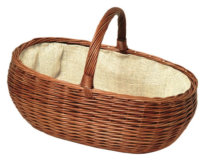 Brauner Weidenkorb mit Jute-Einlage, geflochten aus heller Weide, Masse 50x39x46 cm, als Aufbewahrungskorb im Haushalt.