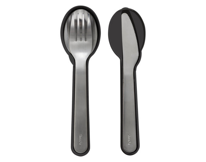 Praktisches 3-teiliges To Go Besteckset von LÉKUÉ, ideal für unterwegs. Enthält Gabel, Löffel und Messer in modernem Design.